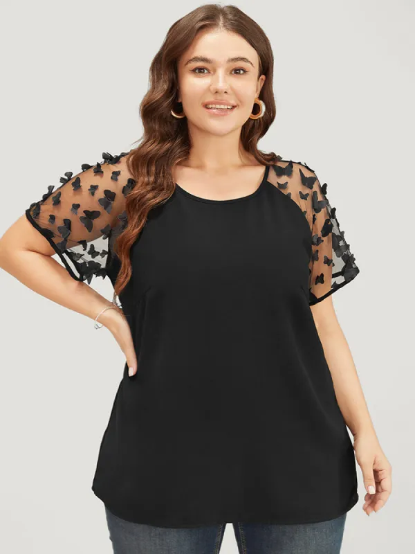 Plain Butterfly Appliques Mesh Raglan Sleeve Blouse sold by Bloomchic