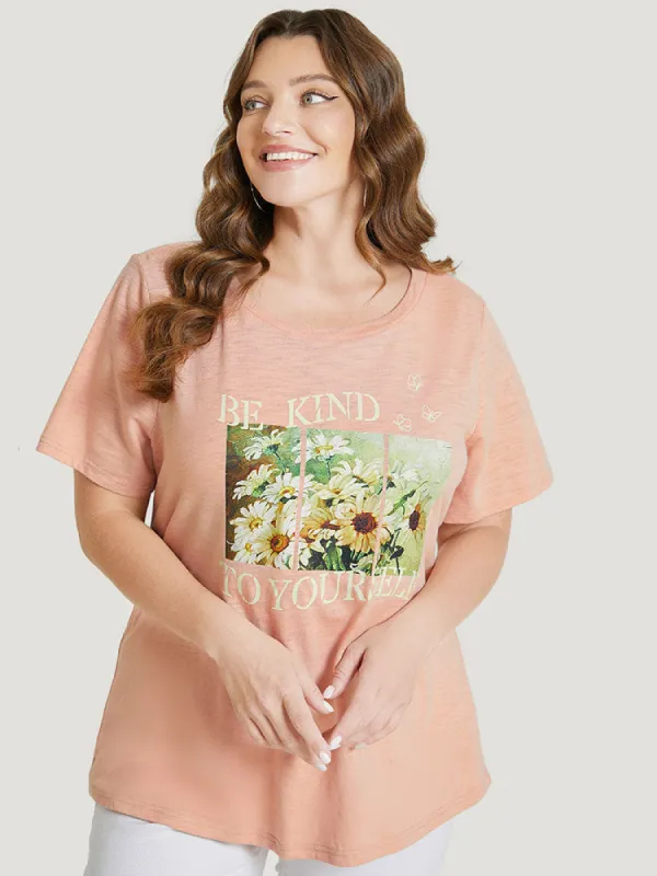 Daisy Floral  & Letter Priint Round Neck T-shirt sold by Bloomchic