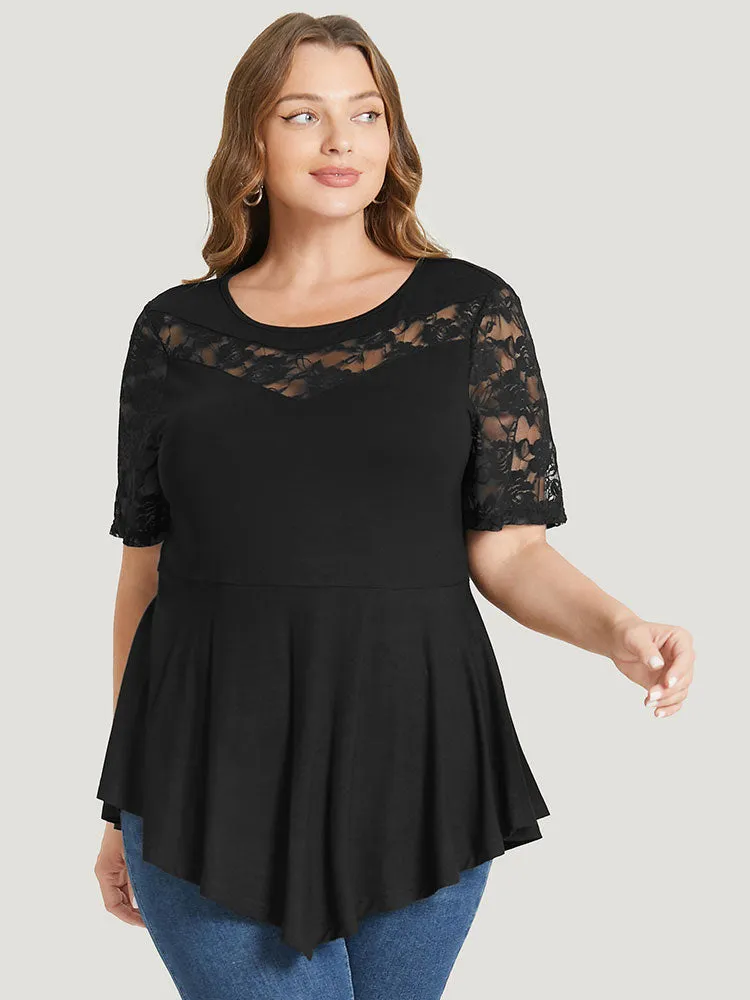 Solid Lace Mesh Asymmetrical Hem T-shirt sold by Bloomchic