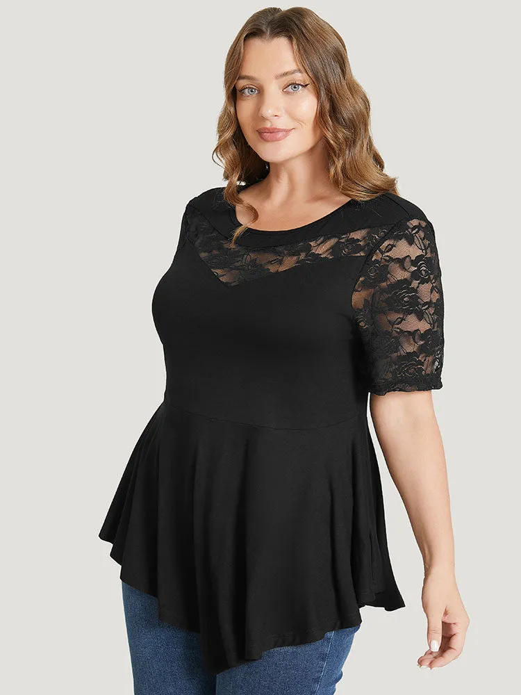 Solid Lace Mesh Asymmetrical Hem T-shirt sold by Bloomchic product image thumbnail 3