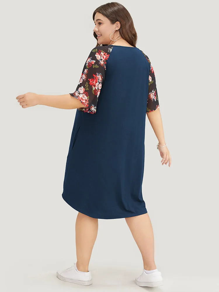Floral Raglan Sleeve Lace Trim Pocket Arc Hem Dress sold by Bloomchic product image thumbnail 3