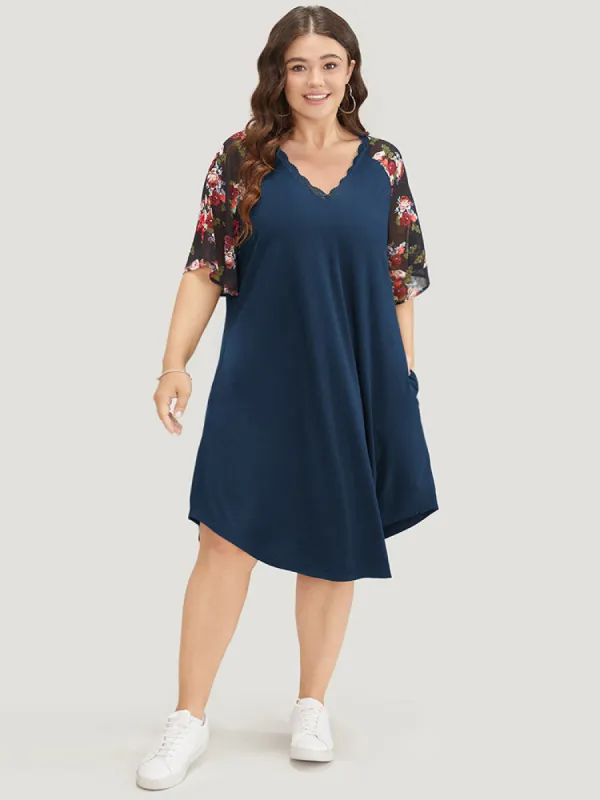Floral Raglan Sleeve Lace Trim Pocket Arc Hem Dress sold by Bloomchic