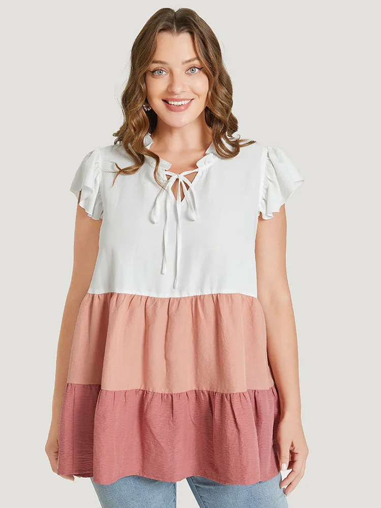 Colorblock Contrast Cap Sleeve Tie Neck Ruffle Tiered Blouse sold by Bloomchic product image thumbnail 4