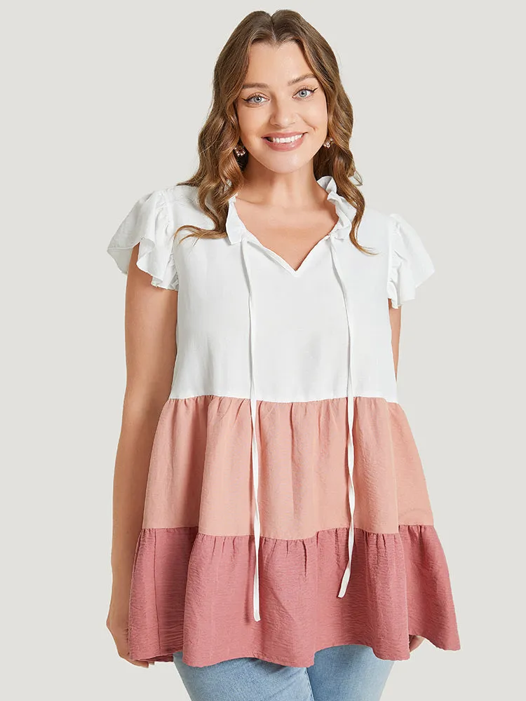 Colorblock Contrast Cap Sleeve Tie Neck Ruffle Tiered Blouse sold by Bloomchic product image thumbnail 2
