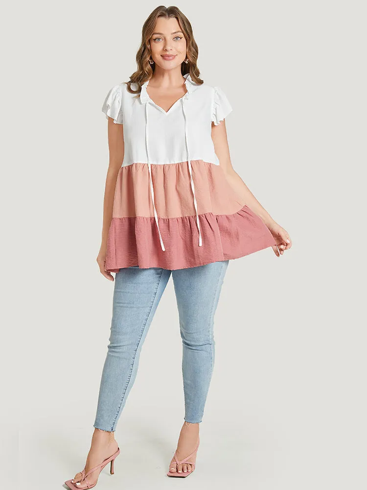 Colorblock Contrast Cap Sleeve Tie Neck Ruffle Tiered Blouse sold by Bloomchic product image thumbnail 5