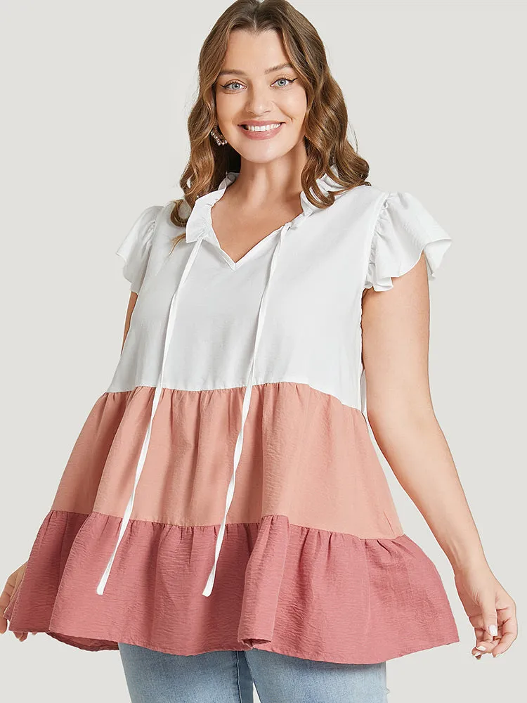 Colorblock Contrast Cap Sleeve Tie Neck Ruffle Tiered Blouse sold by Bloomchic product image thumbnail 3