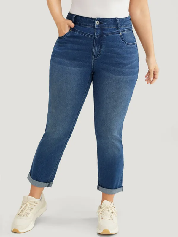 Very Stretchy High Rise Medium Wash Roll Hem Jeans sold by Bloomchic