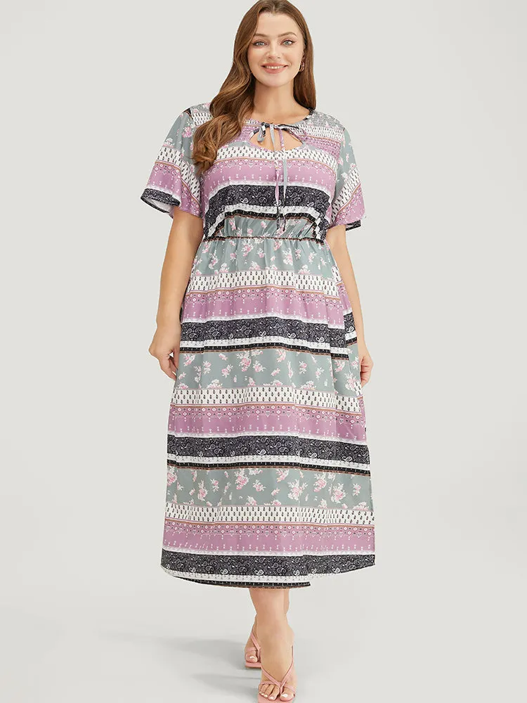 Bandana Print Cut Out Tie Neck Pocket Shirred Striped Dress sold by Bloomchic product image thumbnail 4