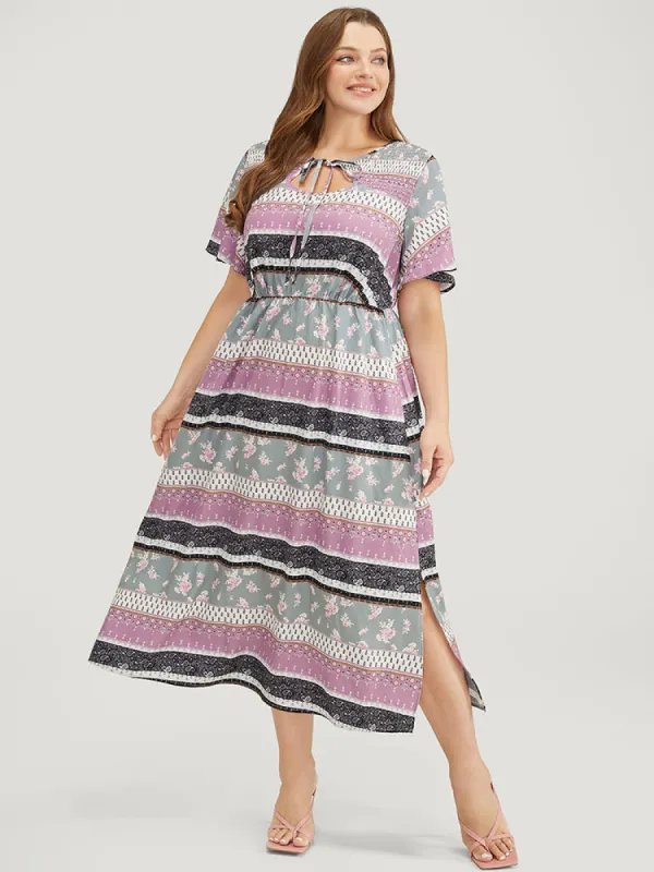 Bandana Print Cut Out Tie Neck Pocket Shirred Striped Dress sold by Bloomchic