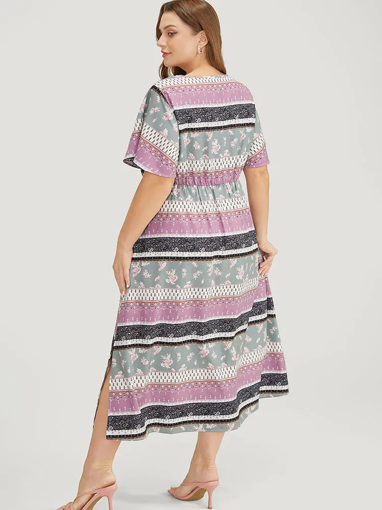 Bandana Print Cut Out Tie Neck Pocket Shirred Striped Dress sold by Bloomchic product image thumbnail 2