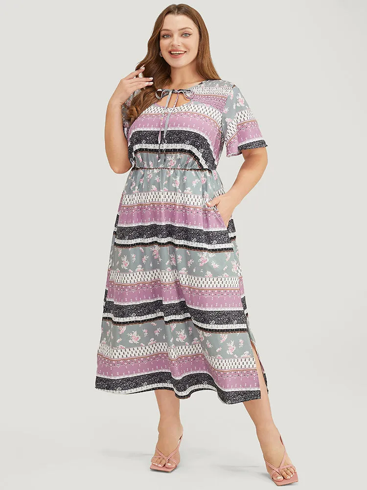 Bandana Print Cut Out Tie Neck Pocket Shirred Striped Dress sold by Bloomchic product image thumbnail 3