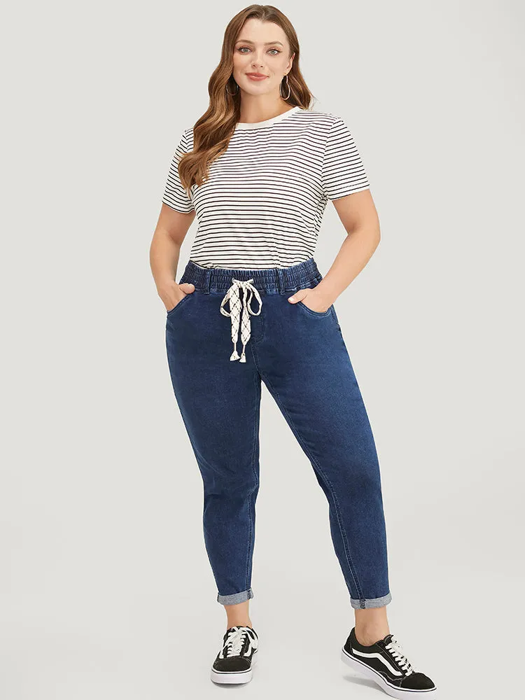 Moderately Stretchy High Rise Dark Wash Roll Hem Drawstring Jeans sold by Bloomchic product image thumbnail 5