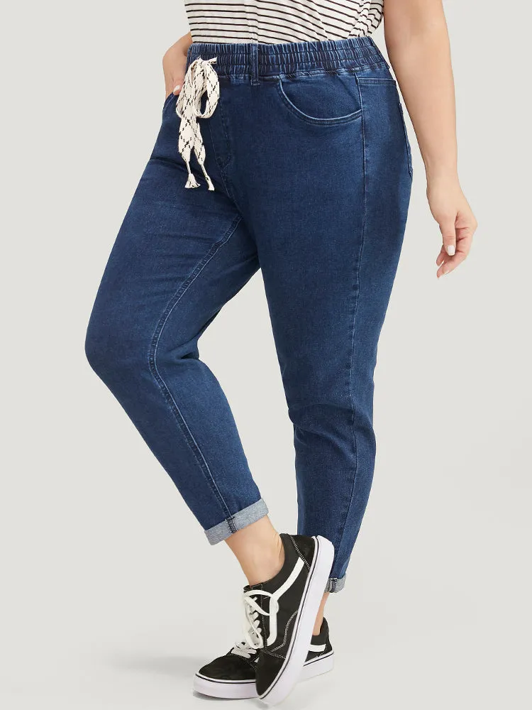 Moderately Stretchy High Rise Dark Wash Roll Hem Drawstring Jeans sold by Bloomchic product image thumbnail 2