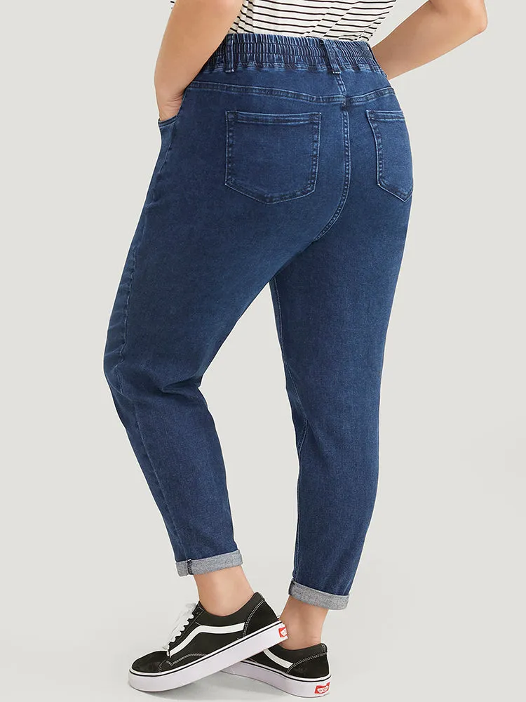 Moderately Stretchy High Rise Dark Wash Roll Hem Drawstring Jeans sold by Bloomchic product image thumbnail 3