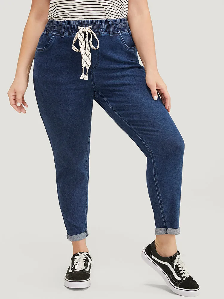 Moderately Stretchy High Rise Dark Wash Roll Hem Drawstring Jeans sold by Bloomchic product image thumbnail 4