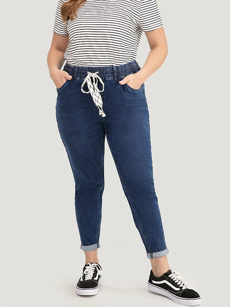 Moderately Stretchy High Rise Dark Wash Roll Hem Drawstring Jeans sold by Bloomchic