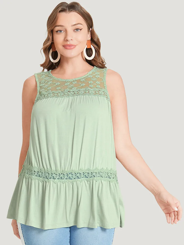 Plain Contrast Lace Mesh Ruffle Hem Tank Top sold by Bloomchic