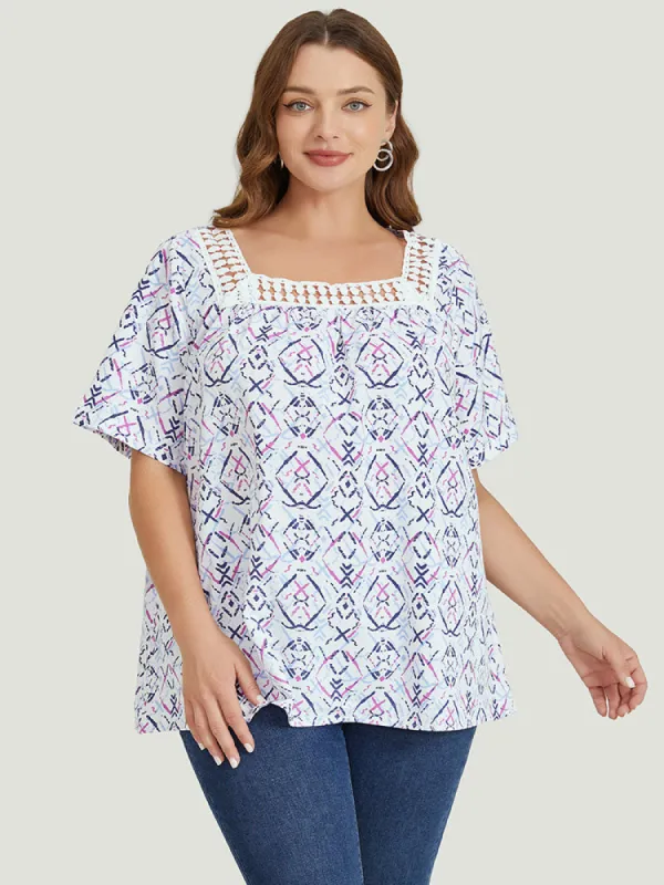 Geometric Print Square Neck Guipure Lace Blouse sold by Bloomchic