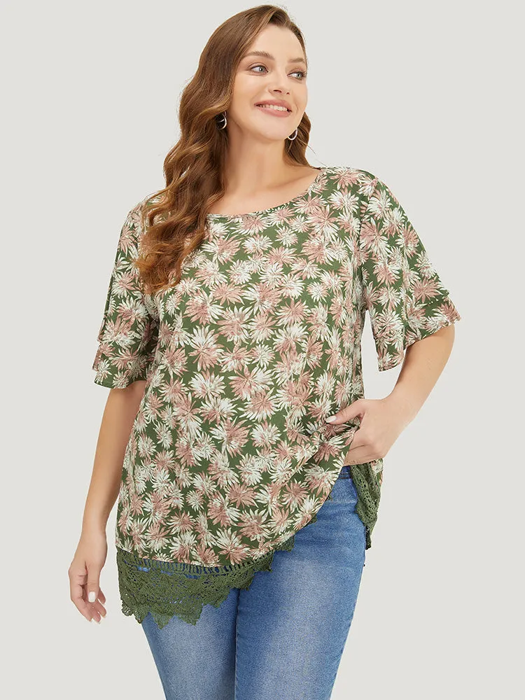 Plant Print Tiered Sleeve Lace Hem Blouse sold by Bloomchic