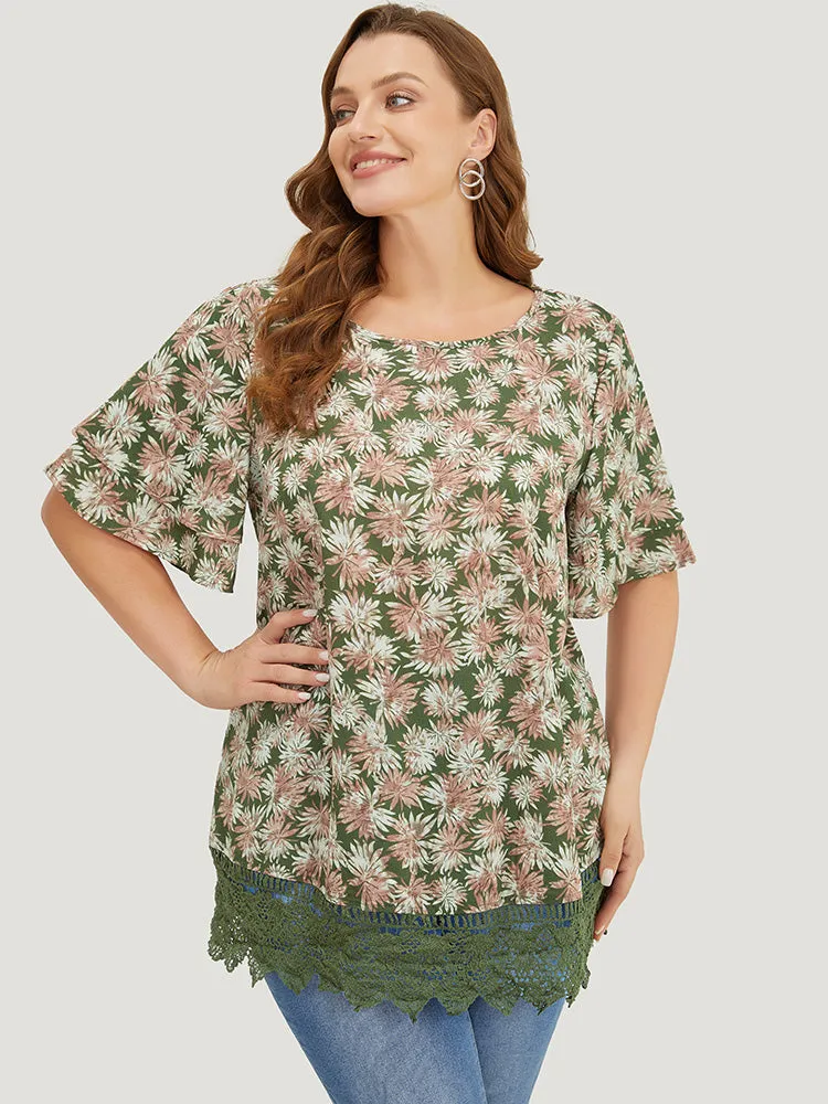 Plant Print Tiered Sleeve Lace Hem Blouse sold by Bloomchic product image thumbnail 2