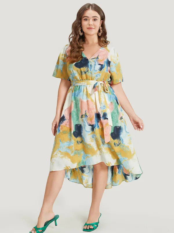 Tie Dye Ruffle Pocket Wrap Belted High Low Dress sold by Bloomchic