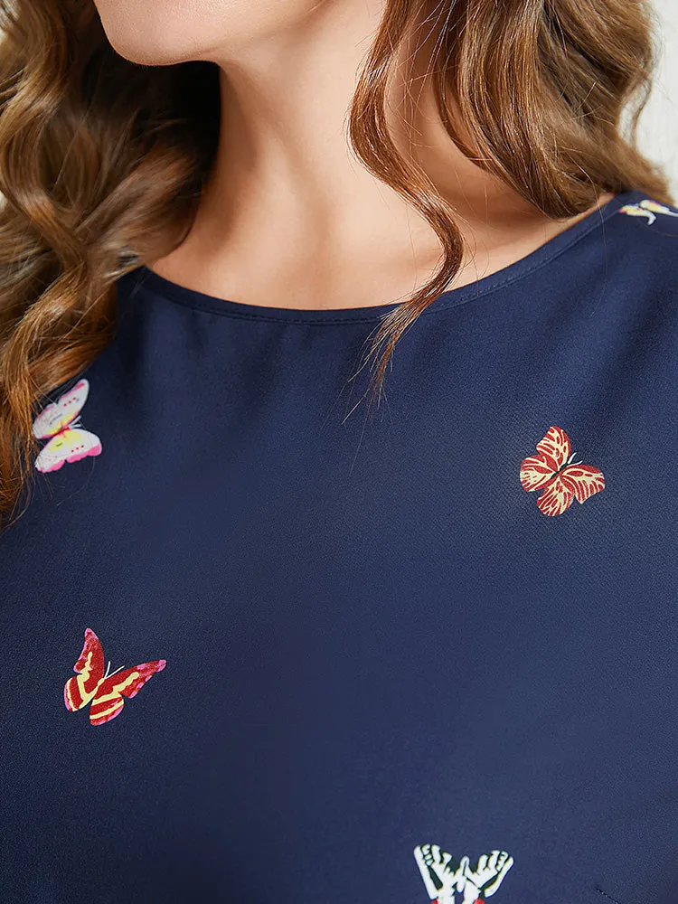 Butterfly & Floral Round Neck Print Pocket Knee Dress sold by Bloomchic product image thumbnail 5