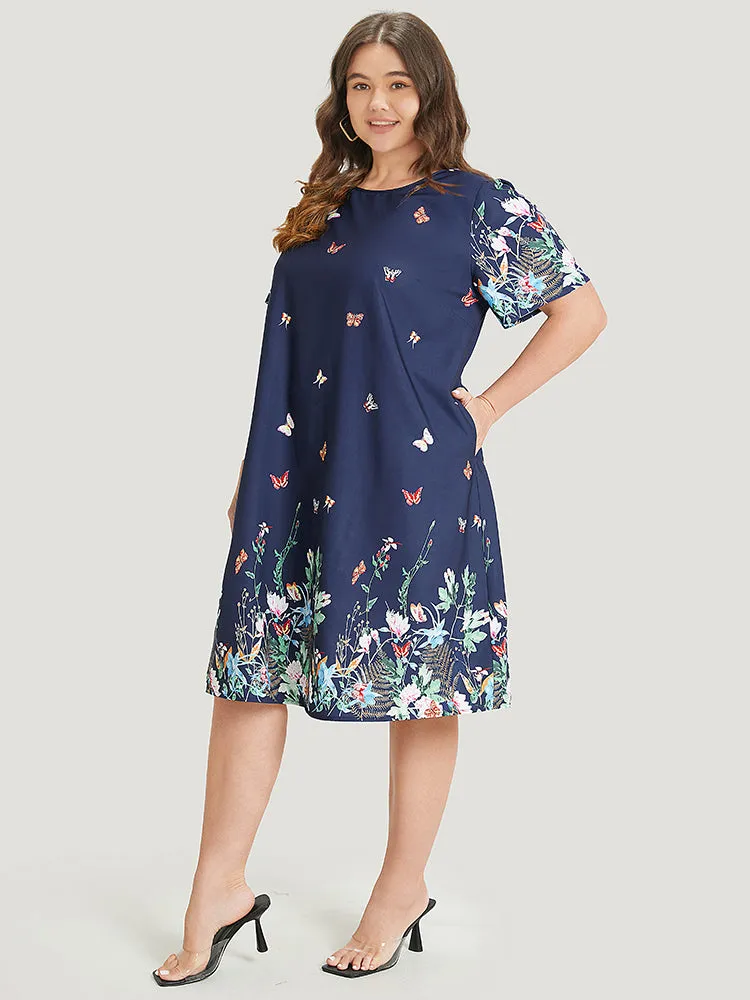 Butterfly & Floral Round Neck Print Pocket Knee Dress sold by Bloomchic product image thumbnail 2