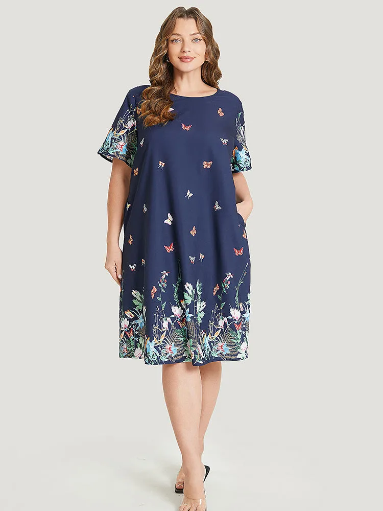 Butterfly & Floral Round Neck Print Pocket Knee Dress sold by Bloomchic product image thumbnail 3