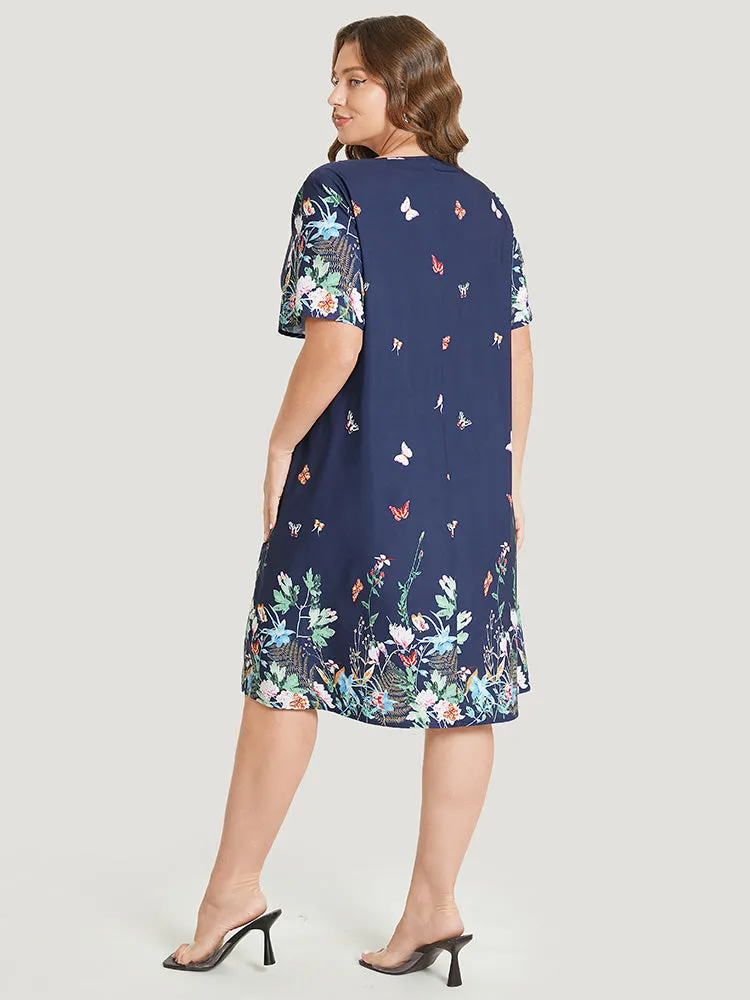 Butterfly & Floral Round Neck Print Pocket Knee Dress sold by Bloomchic product image thumbnail 4