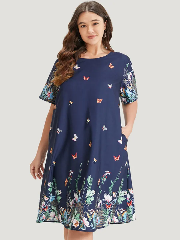 Butterfly & Floral Round Neck Print Pocket Knee Dress sold by Bloomchic
