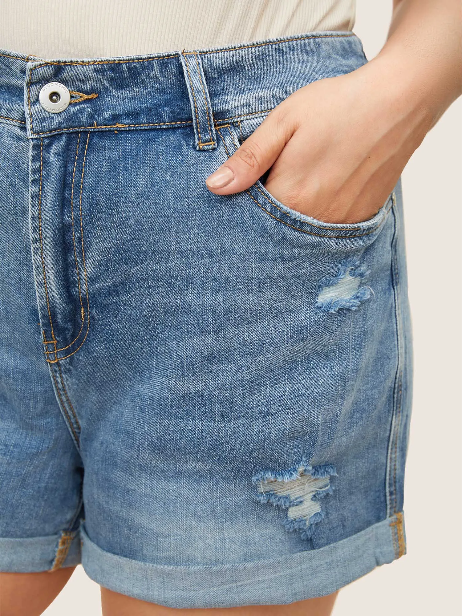 Skinny Very Stretchy Light Wash Roll Hem Distressed Denim Shorts sold by Bloomchic product image thumbnail 4