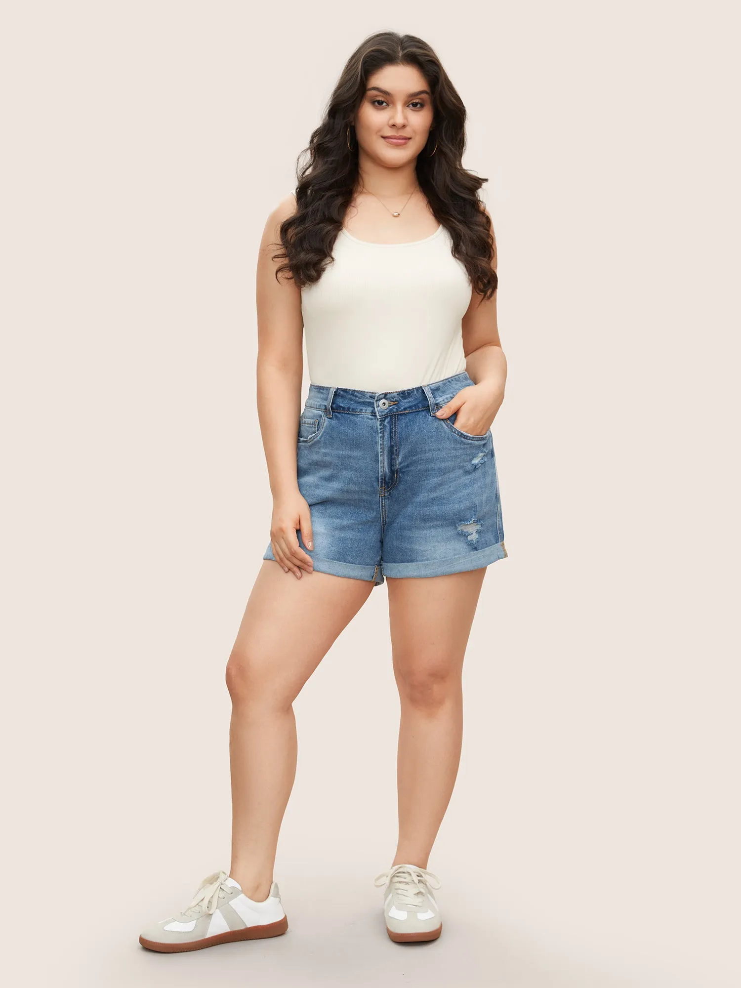 Skinny Very Stretchy Light Wash Roll Hem Distressed Denim Shorts sold by Bloomchic product image thumbnail 3