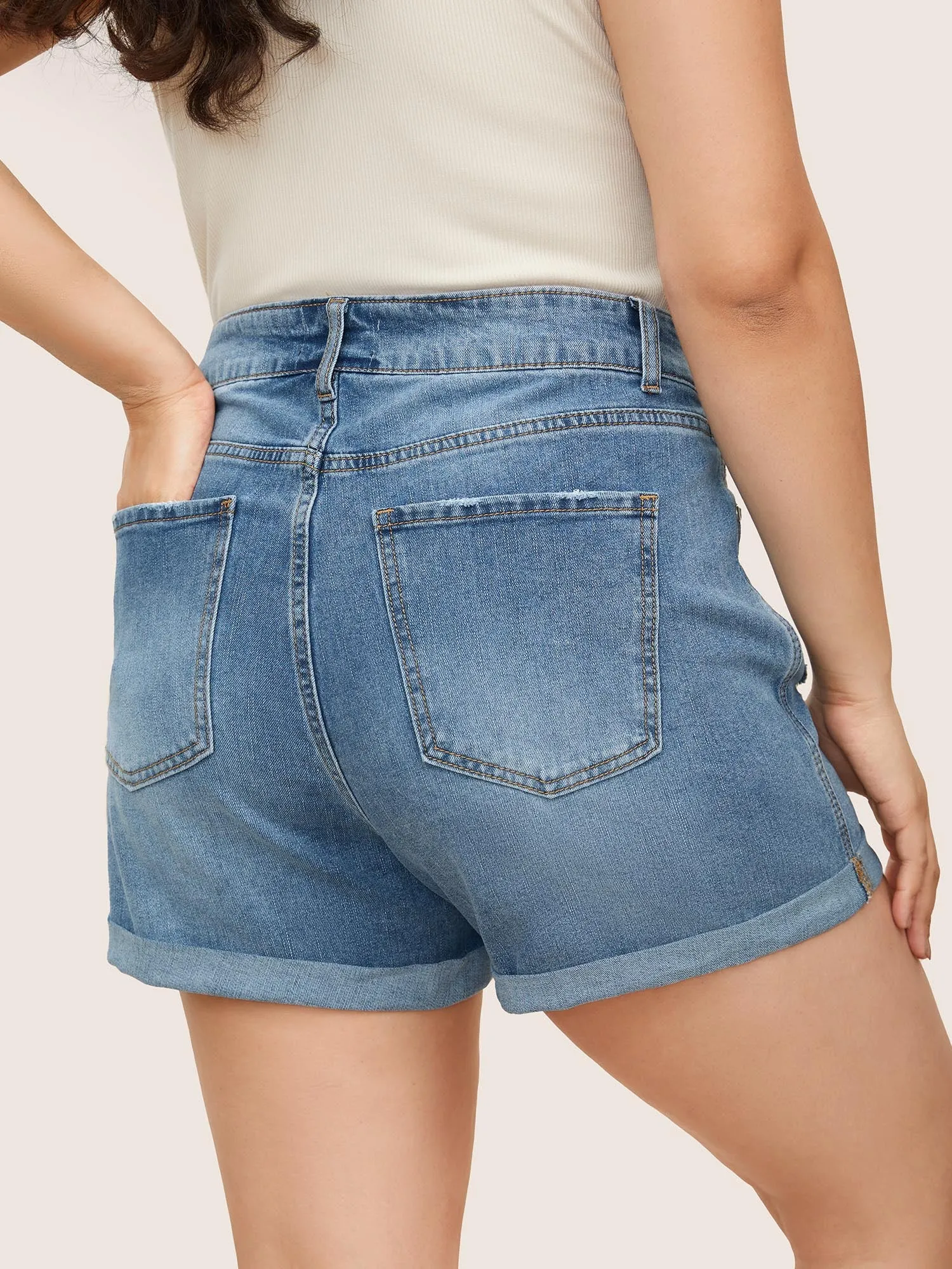 Skinny Very Stretchy Light Wash Roll Hem Distressed Denim Shorts sold by Bloomchic product image thumbnail 2