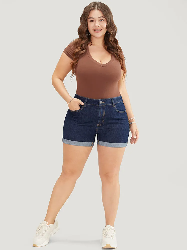 Skinny Very Stretchy Dark Wash Cuffed Hem Denim Shorts sold by Bloomchic product image thumbnail 2