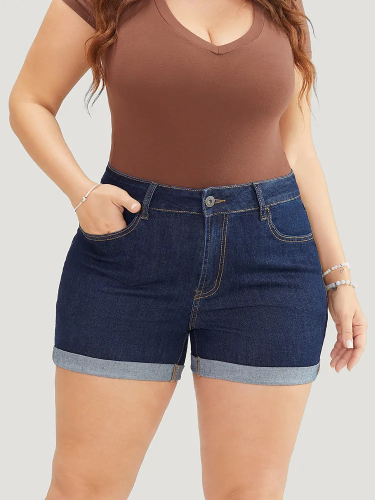 Skinny Very Stretchy Dark Wash Cuffed Hem Denim Shorts sold by Bloomchic