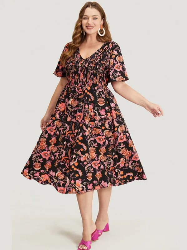 Bandana Print Pocket Shirred V Neck Ruffle Hem Dress sold by Bloomchic