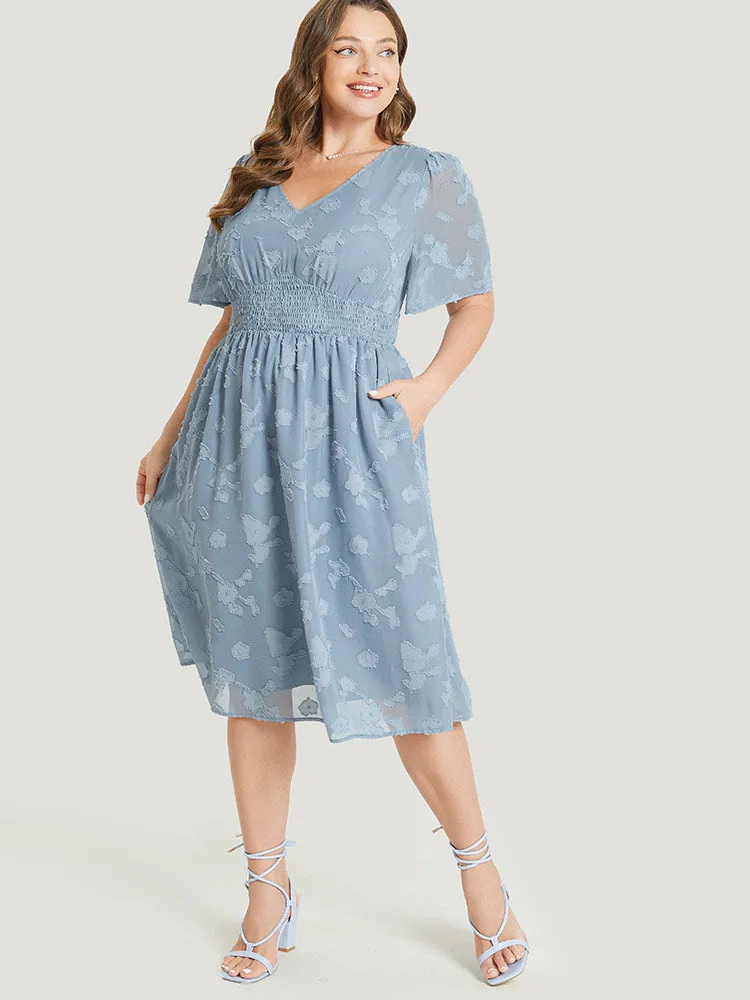 Solid Textured Ruffle Pocket Shirred Waist Dress sold by Bloomchic product image thumbnail 4