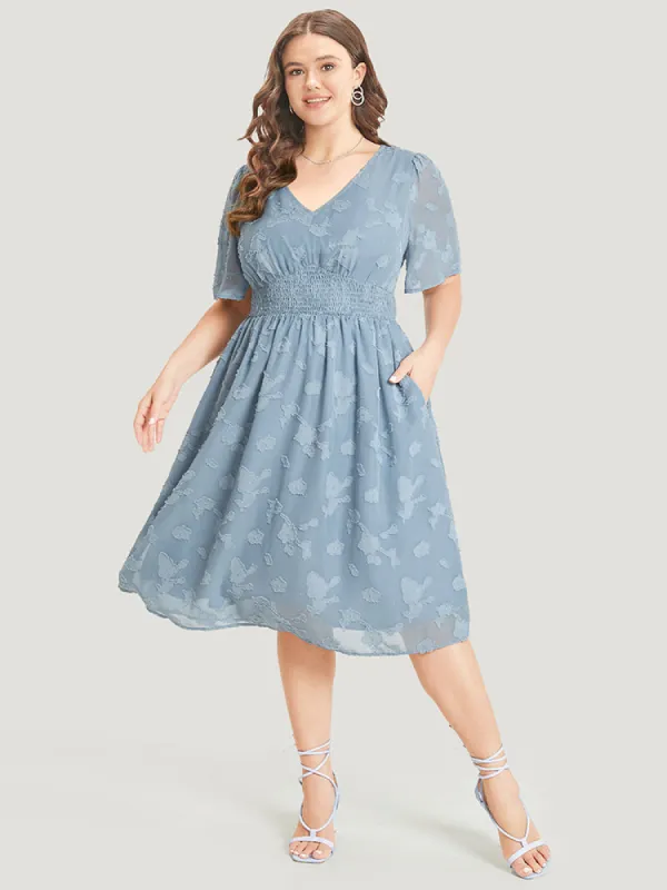 Solid Textured Ruffle Pocket Shirred Waist Dress sold by Bloomchic
