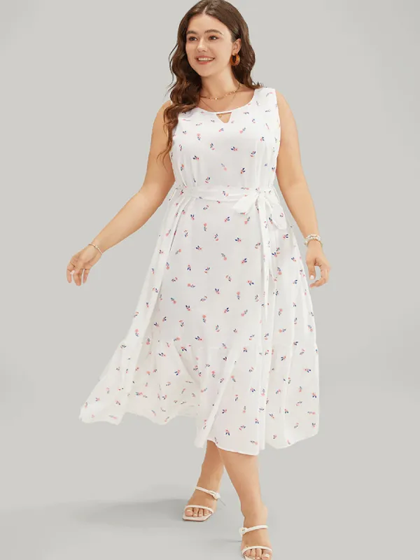 Ditsy Floral Pocket Belted Keyhole Neck Flutter Tank Dress sold by Bloomchic