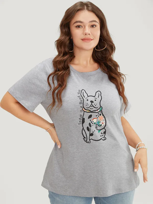 Cartoon Dog & Floral Print Short Sleeve T-shirt sold by Bloomchic