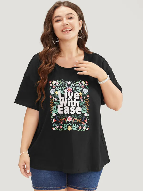 Floral & Slogan Print Slightly Stretchy Casual T-shirt sold by Bloomchic