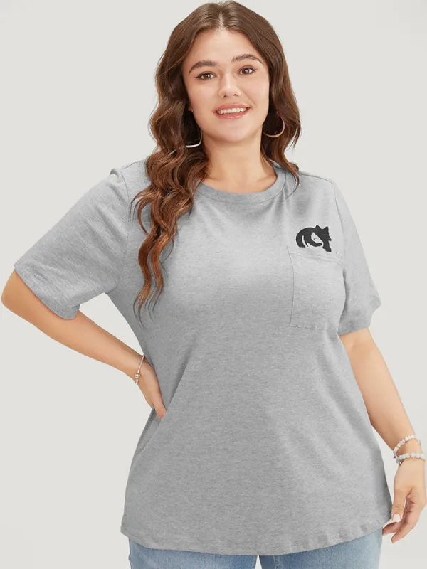 Cartoon Animal Patched Pocket T-shirt sold by Bloomchic
