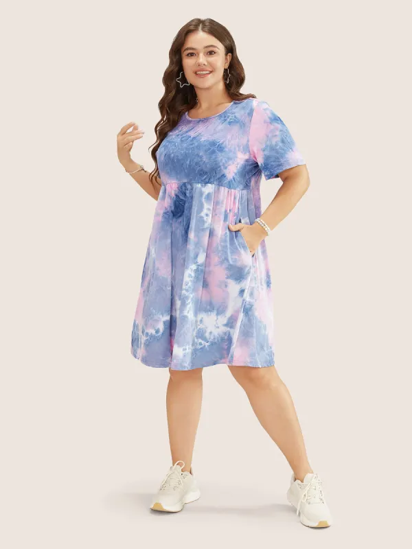 Tie Dye Pocket Ruffle Hem Knee Dress sold by Bloomchic