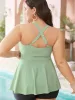 Ruched Knotted Front Flutter Hem Crossover Back Tankini Top sold by Bloomchic