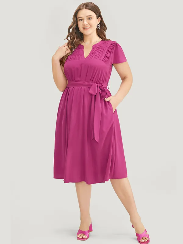 Plain Notched Shirred Frill Trim Pocket Belted Dress sold by Bloomchic