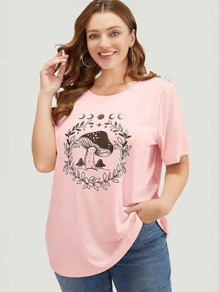 Mushroom & Moon Print Short Sleeve Crew Neck T-shirt sold by Bloomchic