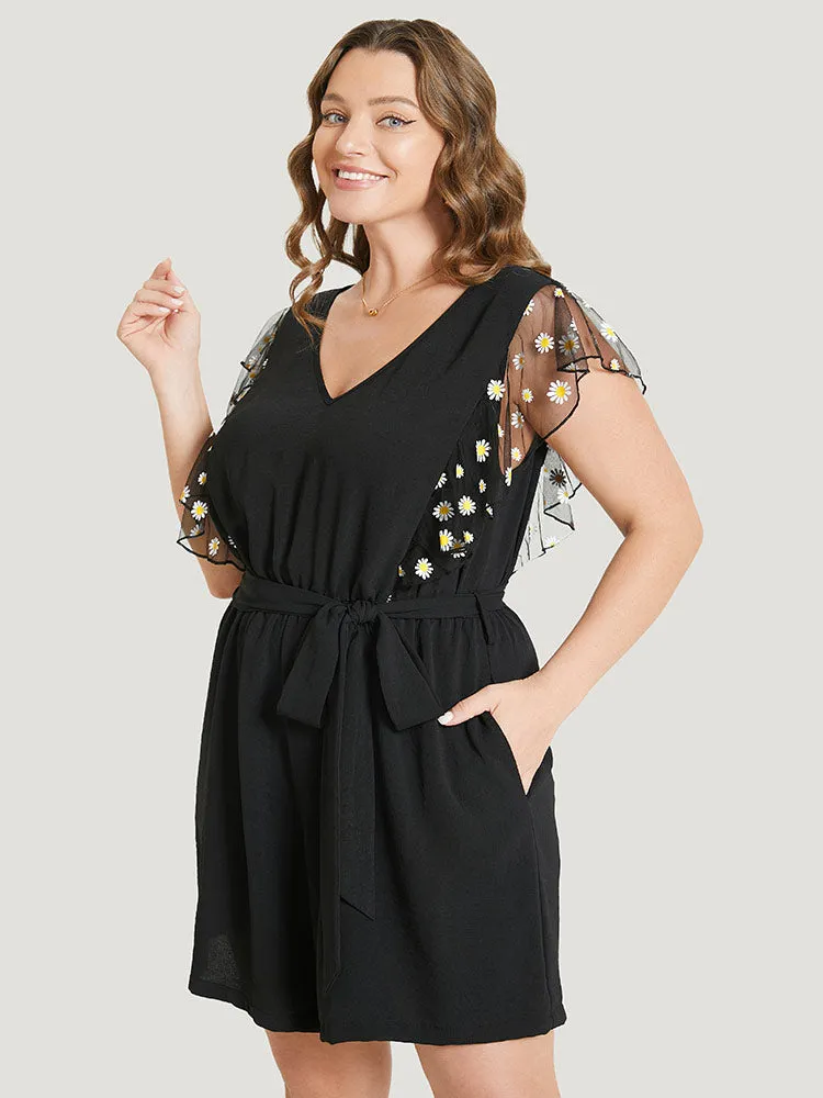 Daisy Floral Mesh Ruffle Trim Belted Pocket Romper sold by Bloomchic product image thumbnail 4