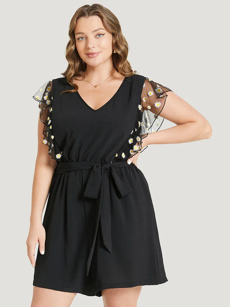 Daisy Floral Mesh Ruffle Trim Belted Pocket Romper sold by Bloomchic