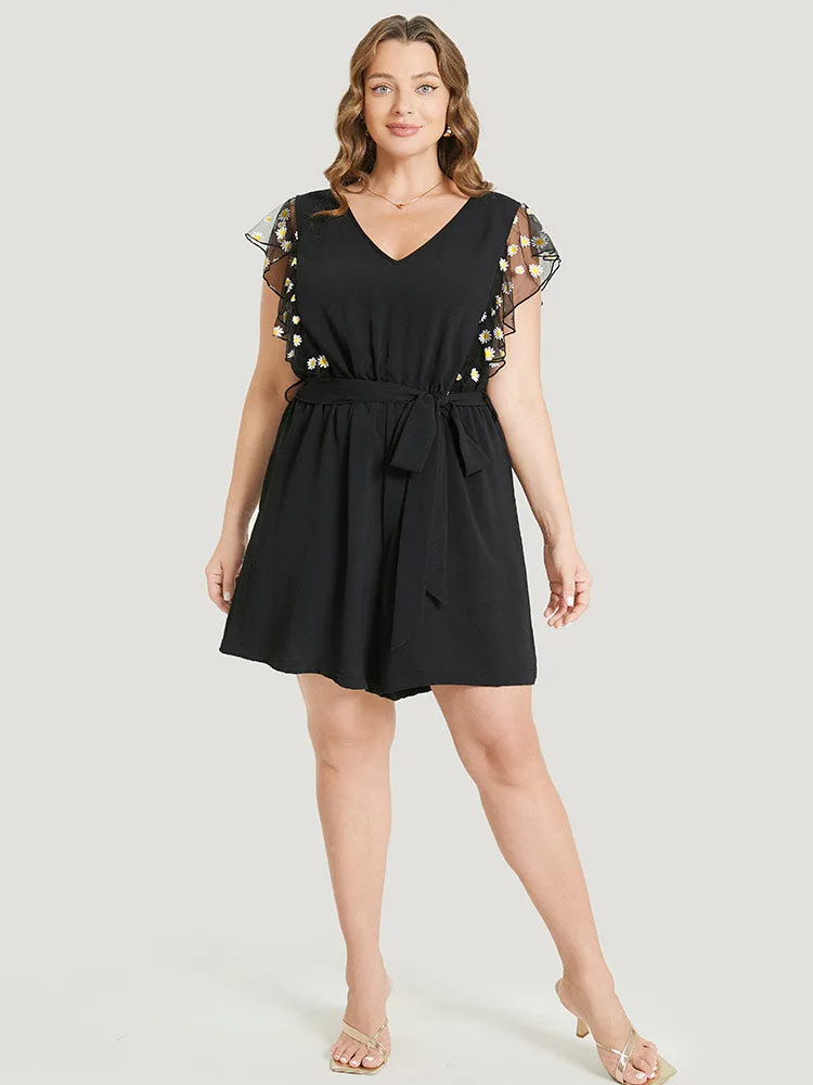Daisy Floral Mesh Ruffle Trim Belted Pocket Romper sold by Bloomchic product image thumbnail 2