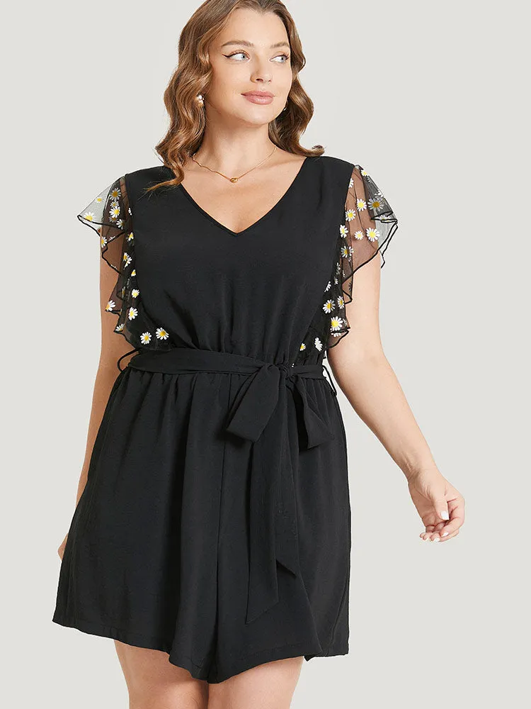 Daisy Floral Mesh Ruffle Trim Belted Pocket Romper sold by Bloomchic product image thumbnail 3